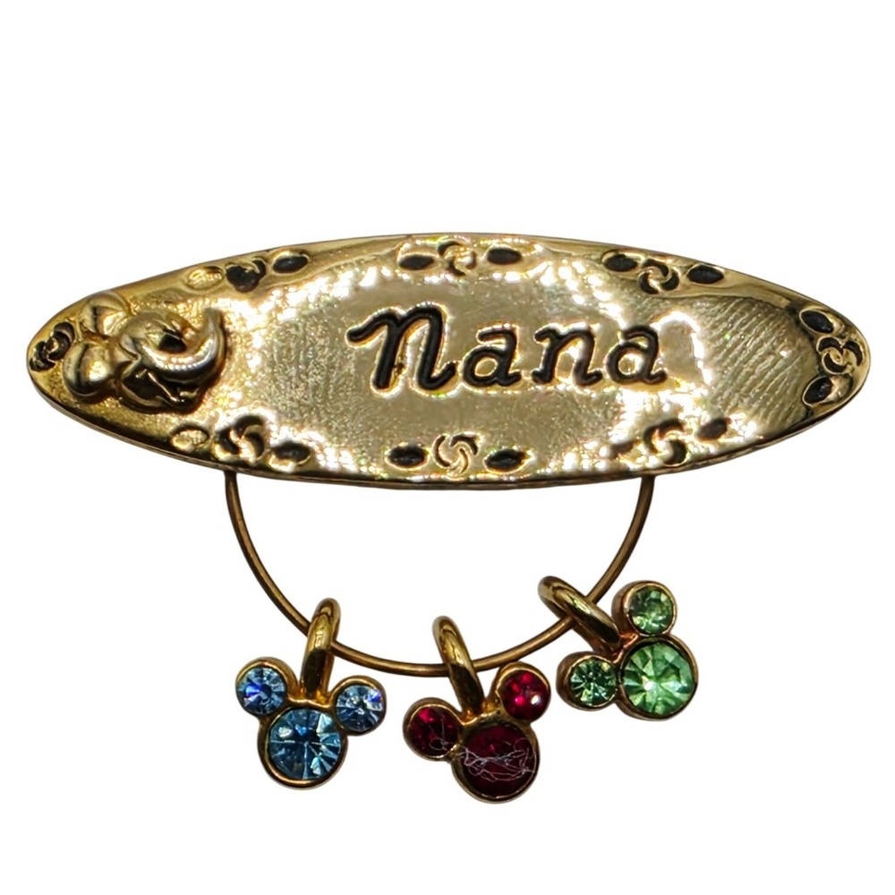 Disney Nana Brooch Gold Tone Mickey Mouse Rhinestone Dangle Pin Vintage